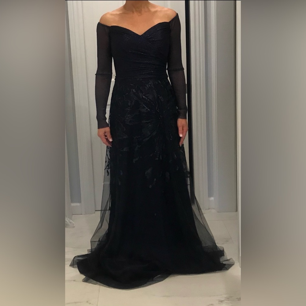 Mother of the bride navy off the shoulder long sleeve dress